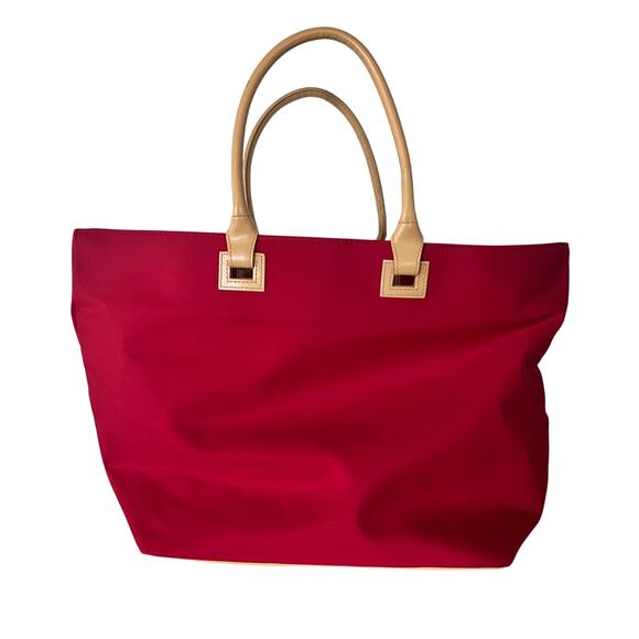 Ellen Tracy Red Faux Leather Handle Tote Bag, Compartments, Button Closure - Picture 1 of 12